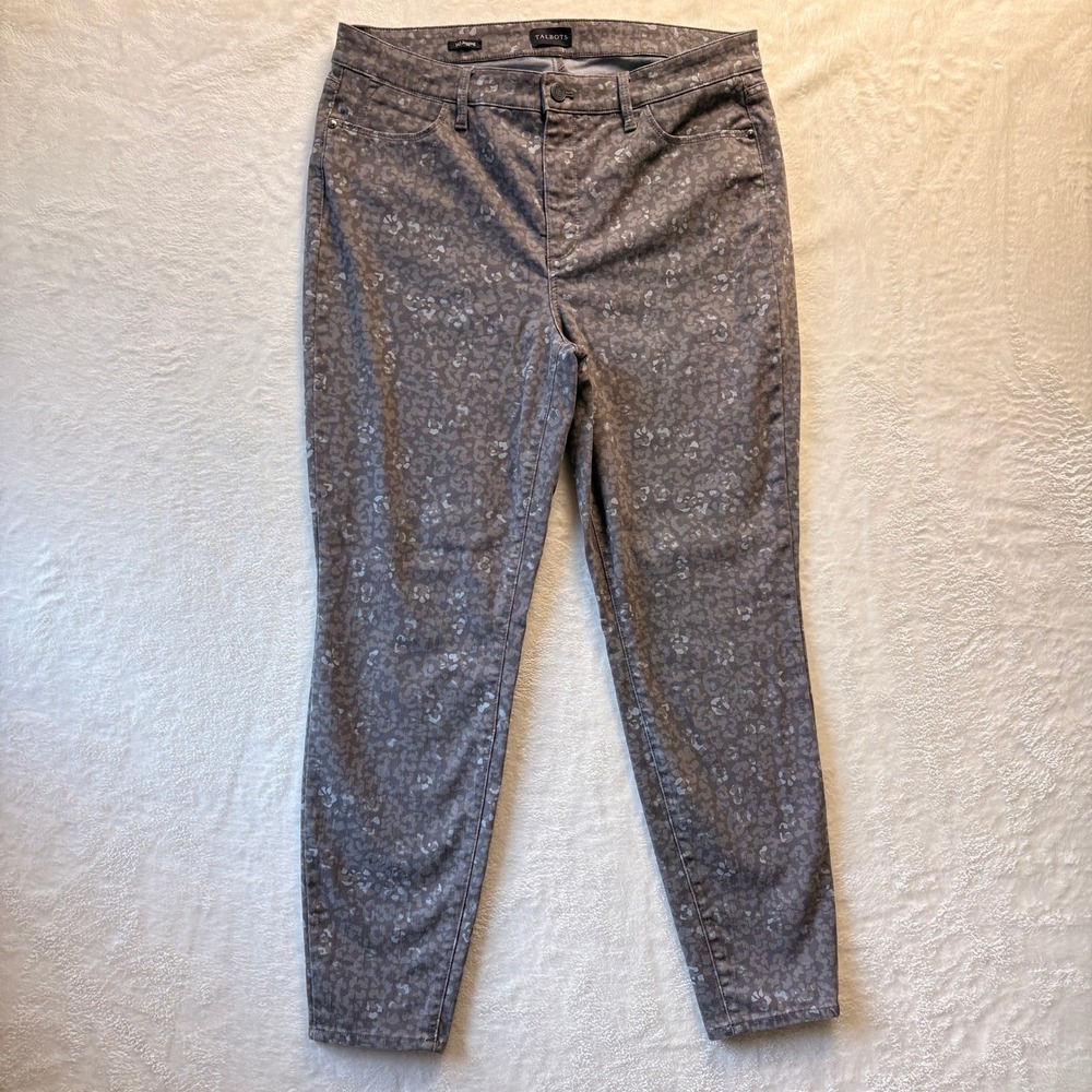 Talbots Jeans Women Sz 14 Gray White Jeggings Leopard Print Casual Denim Pants